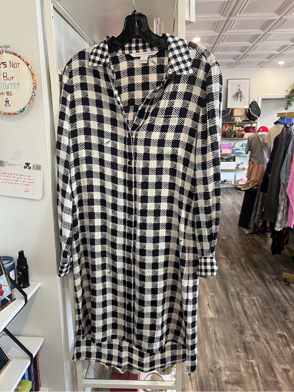 Diane Von Furstenberg Black and White Checked Long Sleeve Shirt Dress